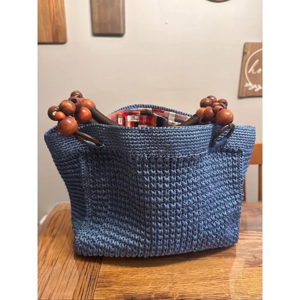 Blue Brown Wooden Bead Crochet Knit Lined Purse Tote‎ Handbag One Size
